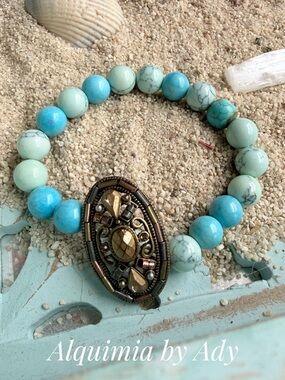 SLEEPING BEAUTY Turquoise and Mint Beaded Bracelet with Antique-Gold Centerpiece